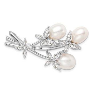 925 Sterling Silver FWC Pearl and CZ Floral Pin Brooch, 41mm X 22mm gift for mom